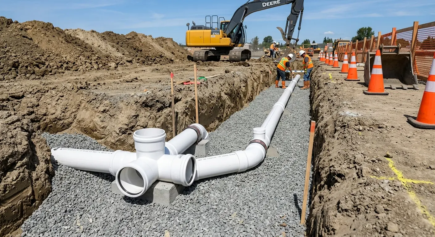 New PVC sewer pipe installation in open trench for Sewer Backup in Haltom City