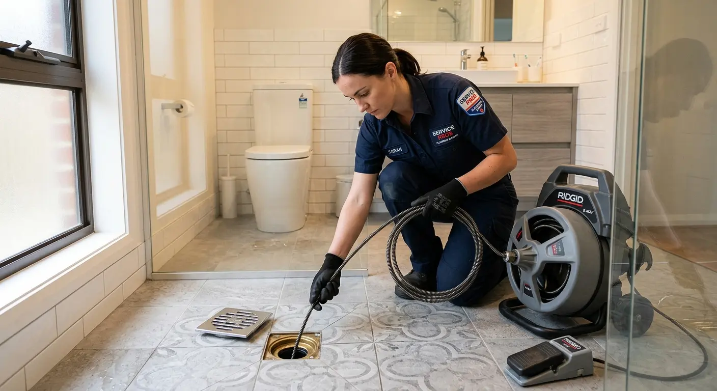 Technician clearing a bathroom floor drain for Drain Cleaning in Haltom City